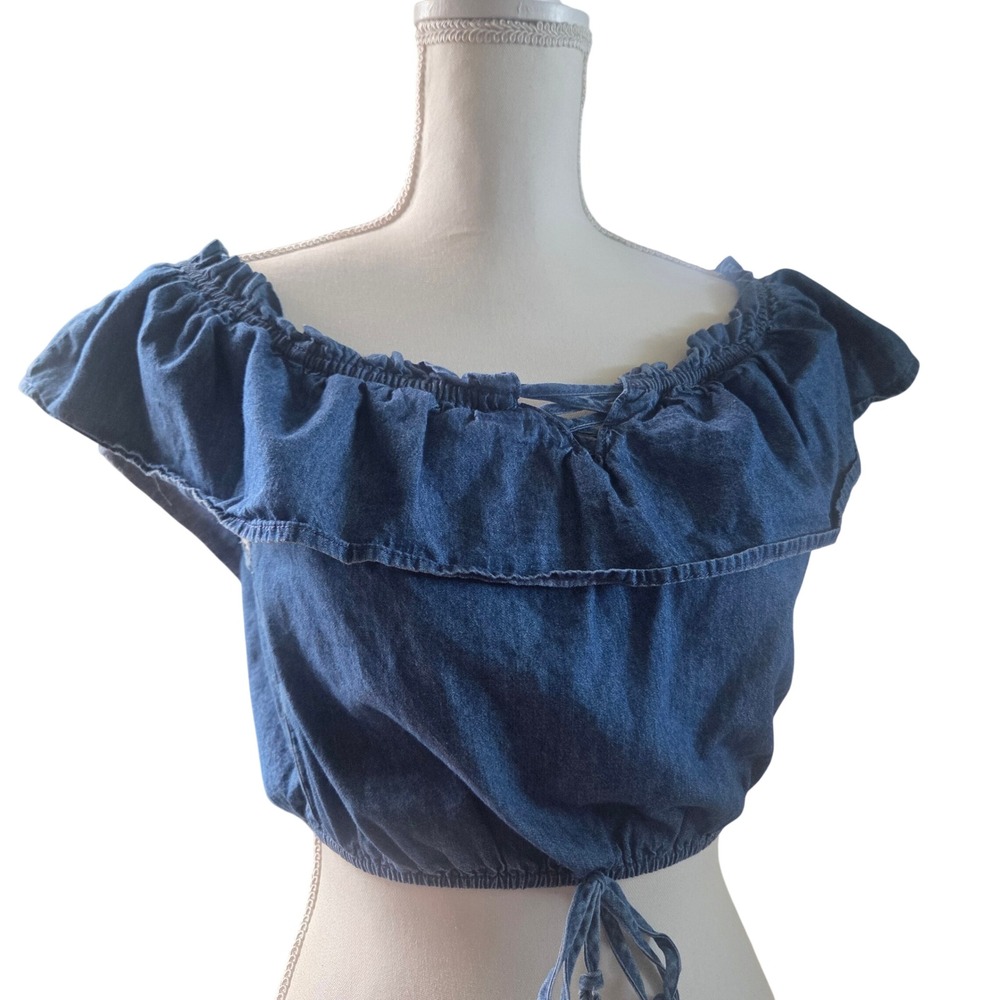 Veveret Blue Denim‎ Off Shoulder Ruffle Crop Top S Boho Festival Romantic Summer